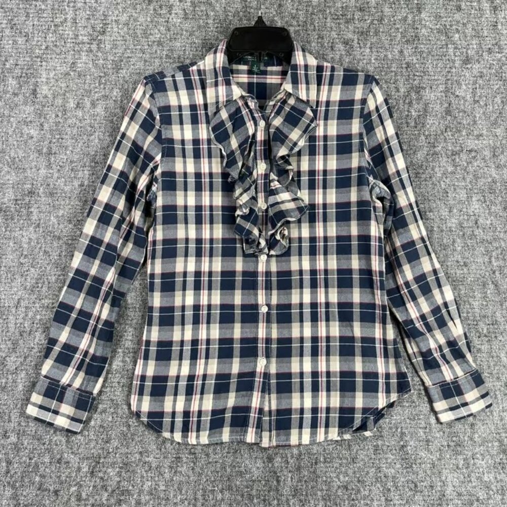 Ralph Lauren Shirt Womens S Plaid Ruffle Neck Western Rodeo Business Casual - Picture 1 of 5